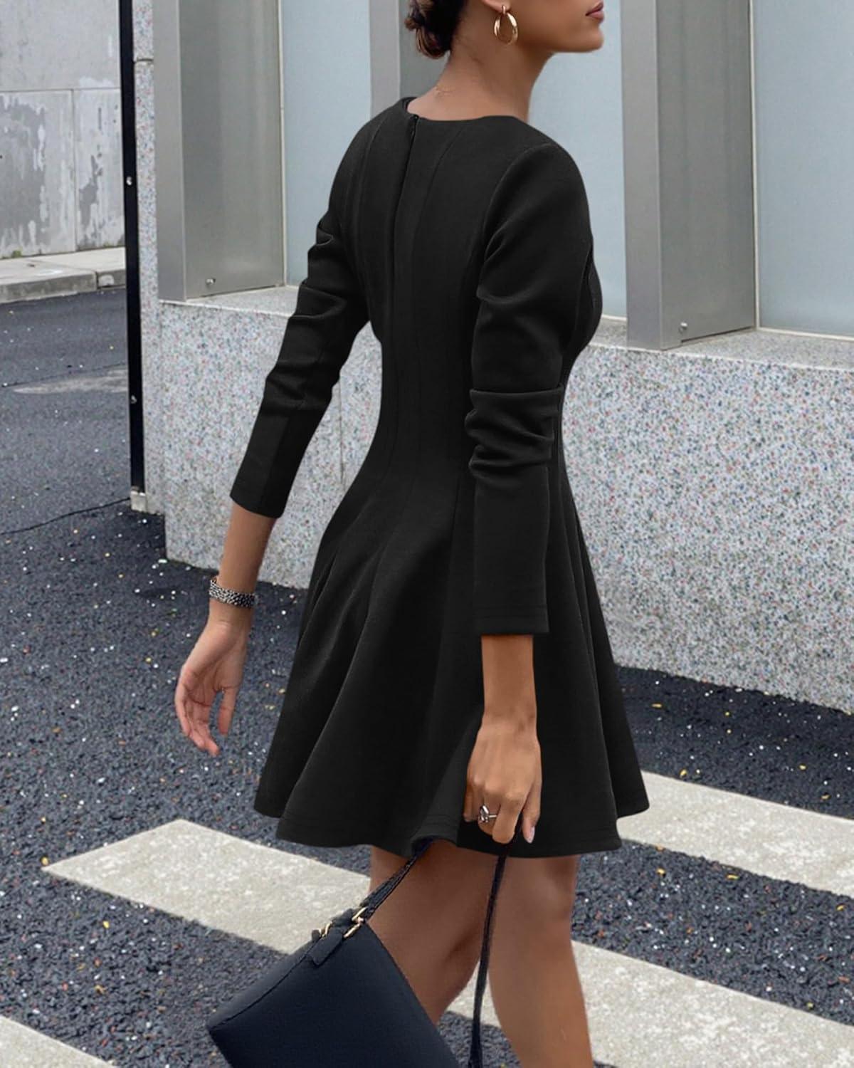 imageBTFBM Spring Dresses for Women 2026 Long Sleeve High Waist Pleated Flowy Aline Party Wedding Guest Dress Business CasualBlack
