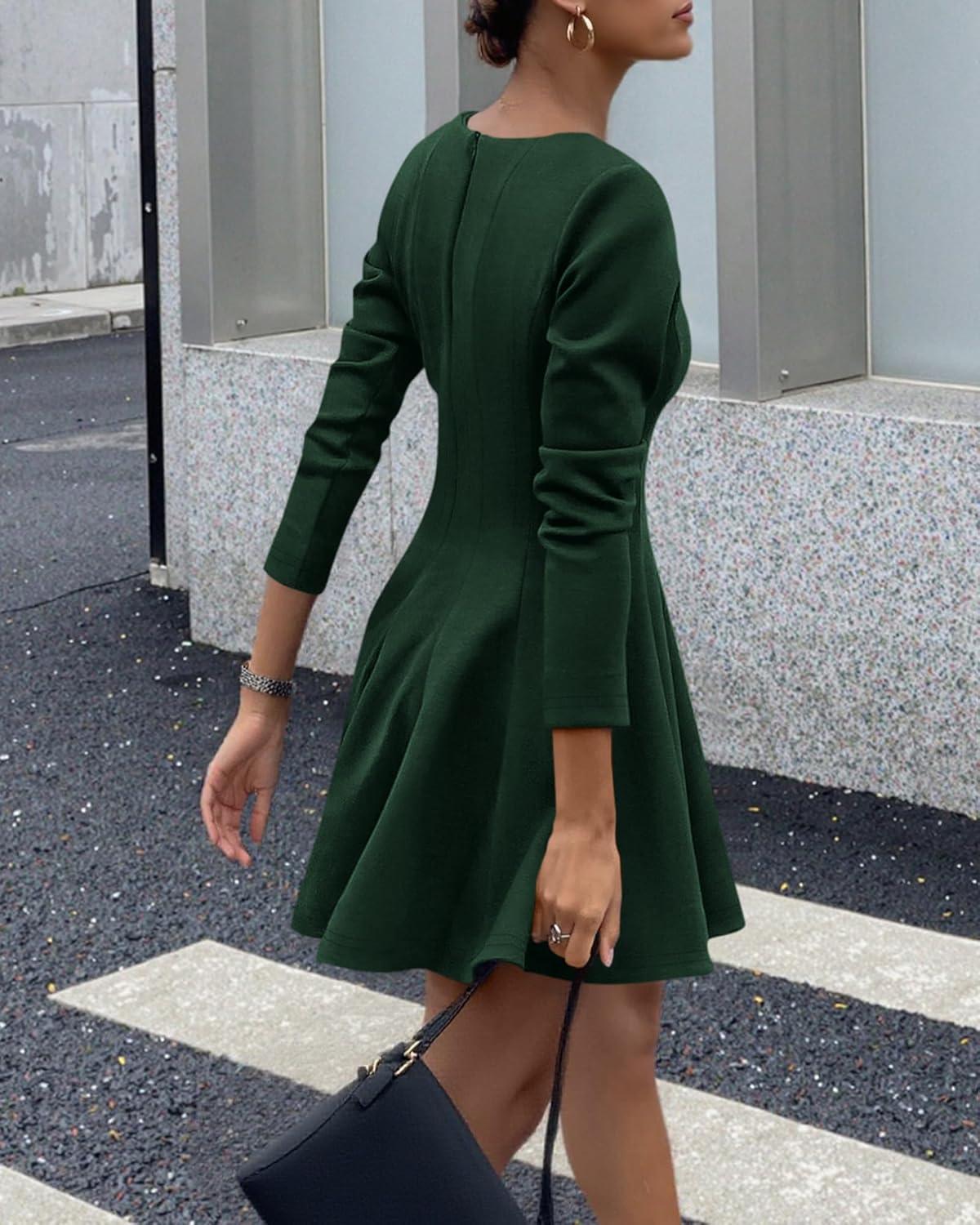 imageBTFBM Spring Dresses for Women 2026 Long Sleeve High Waist Pleated Flowy Aline Party Wedding Guest Dress Business CasualDark Green