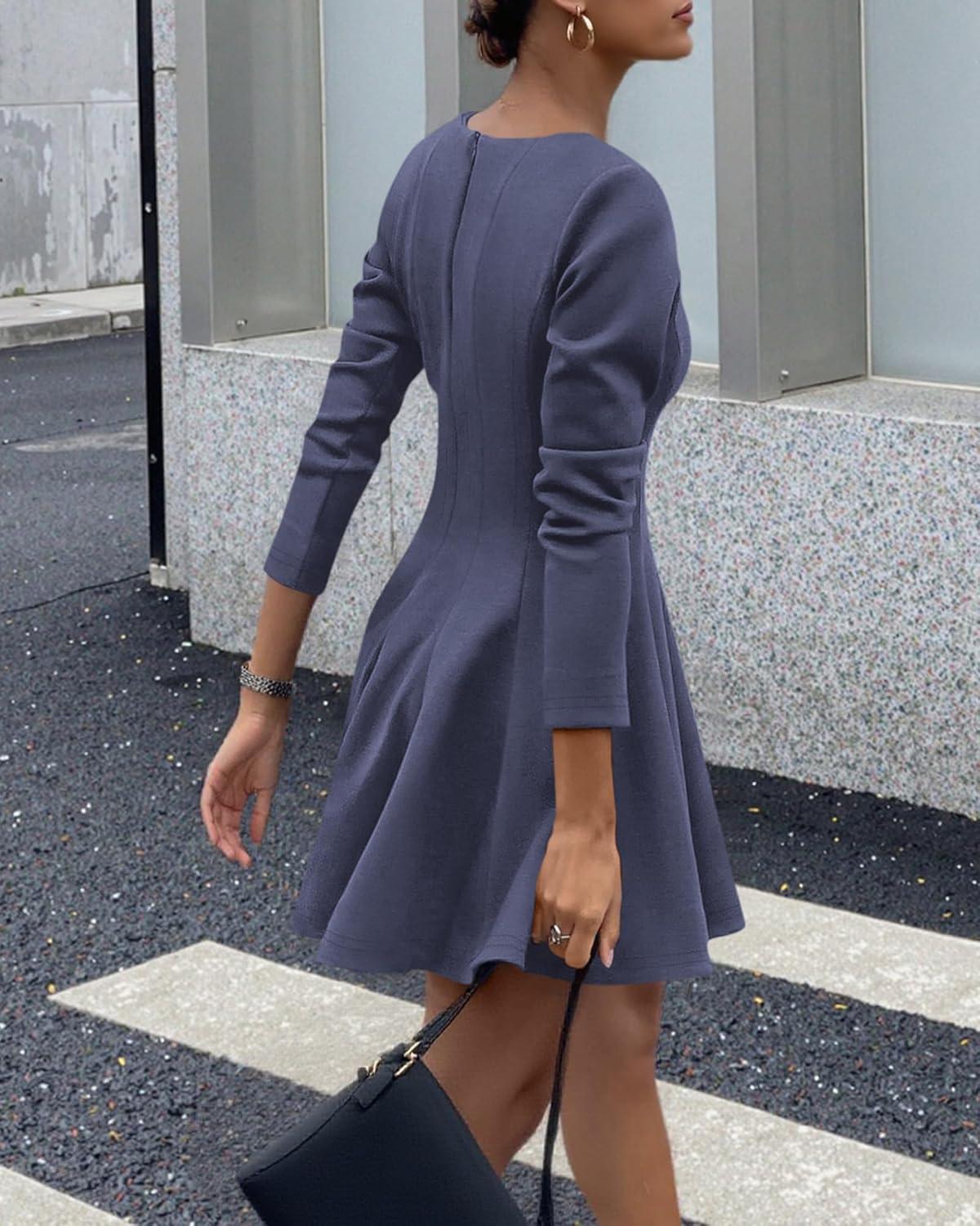imageBTFBM Spring Dresses for Women 2026 Long Sleeve High Waist Pleated Flowy Aline Party Wedding Guest Dress Business CasualGrey Blue