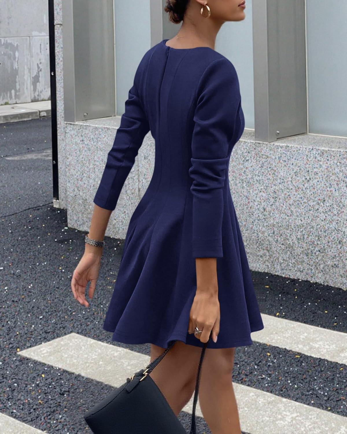 imageBTFBM Spring Dresses for Women 2026 Long Sleeve High Waist Pleated Flowy Aline Party Wedding Guest Dress Business CasualNavy