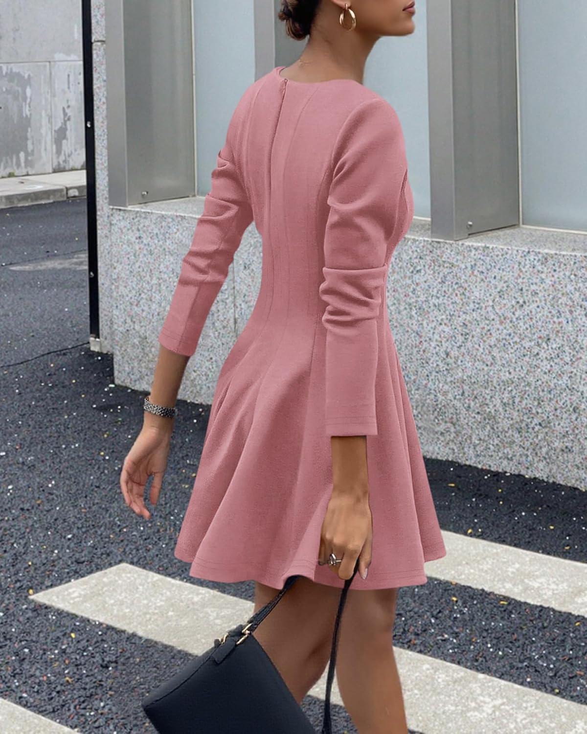 imageBTFBM Spring Dresses for Women 2026 Long Sleeve High Waist Pleated Flowy Aline Party Wedding Guest Dress Business CasualPink
