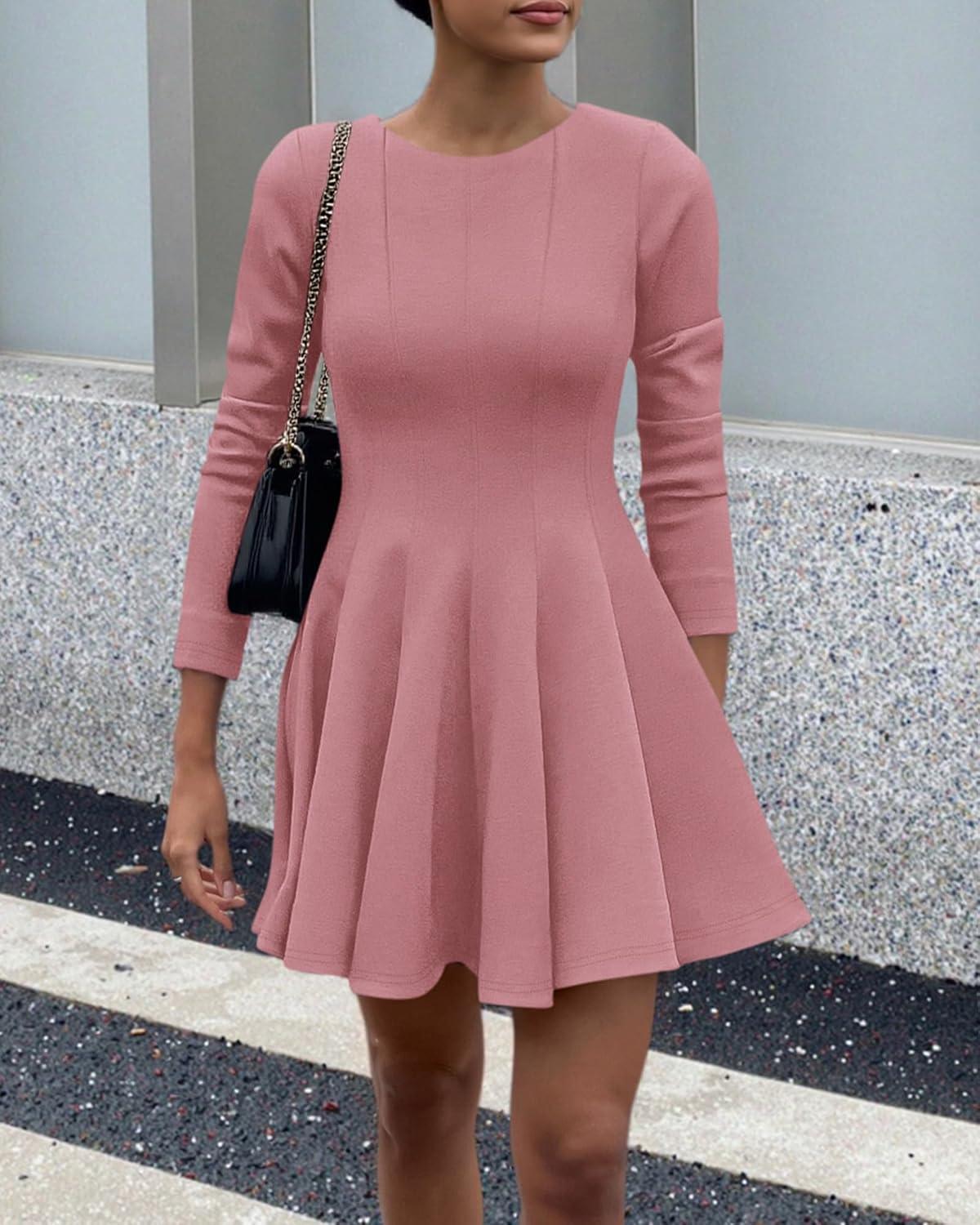 imageBTFBM Spring Dresses for Women 2026 Long Sleeve High Waist Pleated Flowy Aline Party Wedding Guest Dress Business CasualPink