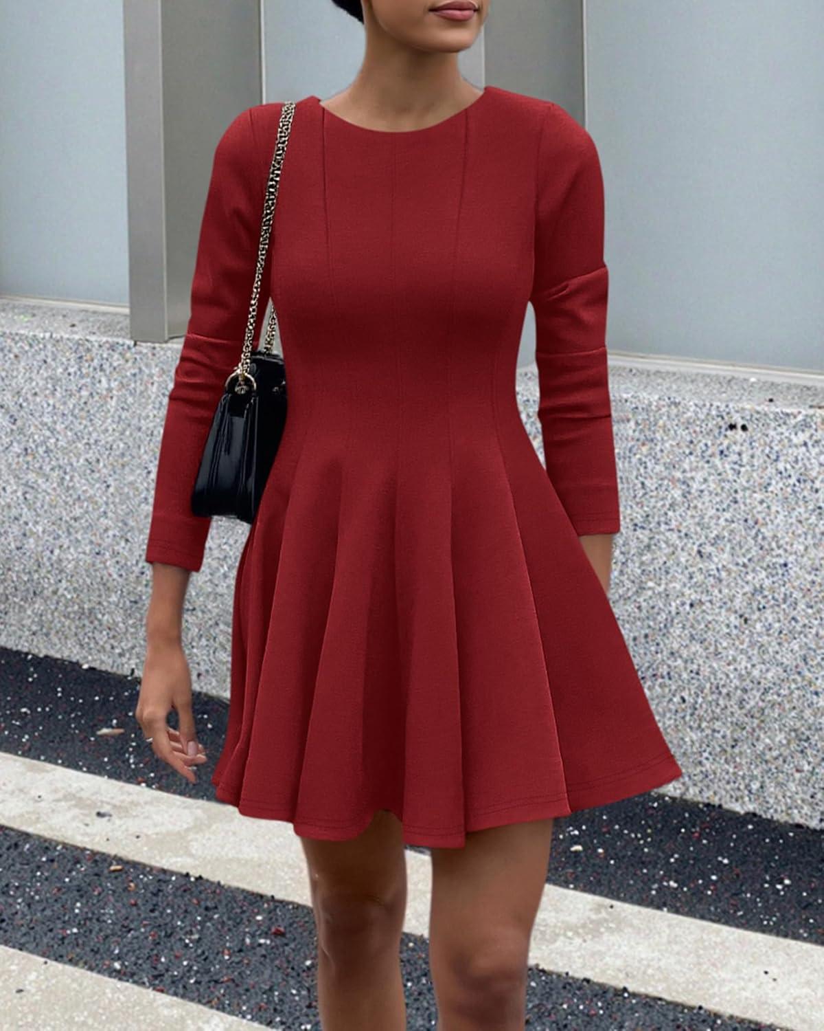 imageBTFBM Spring Dresses for Women 2026 Long Sleeve High Waist Pleated Flowy Aline Party Wedding Guest Dress Business CasualRed