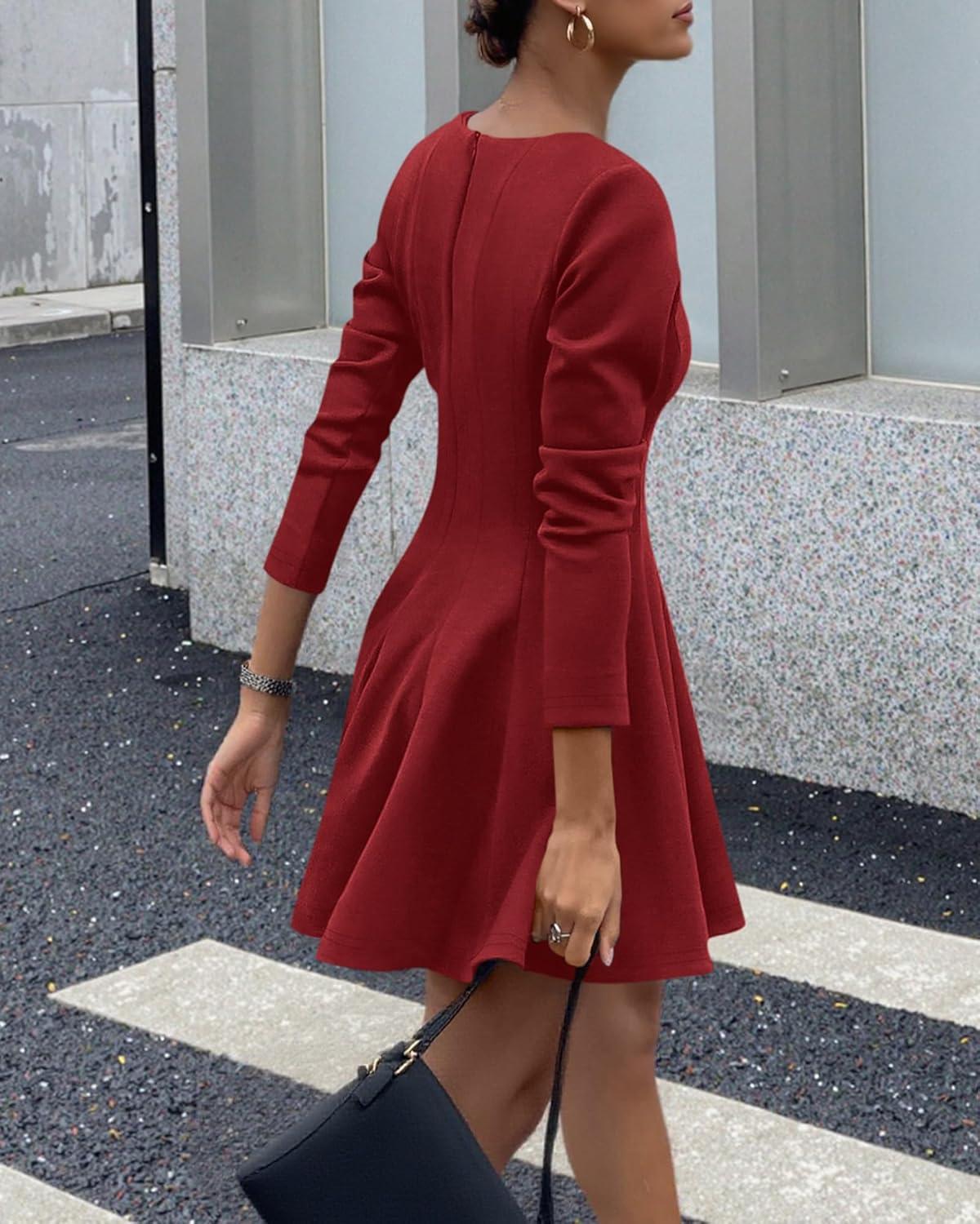 imageBTFBM Spring Dresses for Women 2026 Long Sleeve High Waist Pleated Flowy Aline Party Wedding Guest Dress Business CasualRed