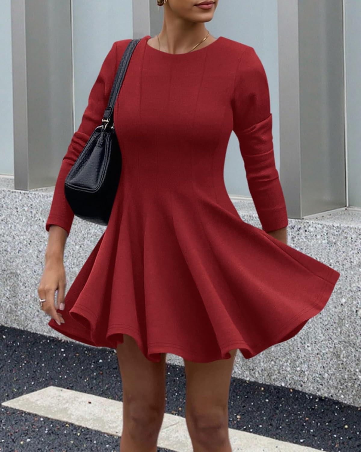 imageBTFBM Spring Dresses for Women 2026 Long Sleeve High Waist Pleated Flowy Aline Party Wedding Guest Dress Business CasualRed
