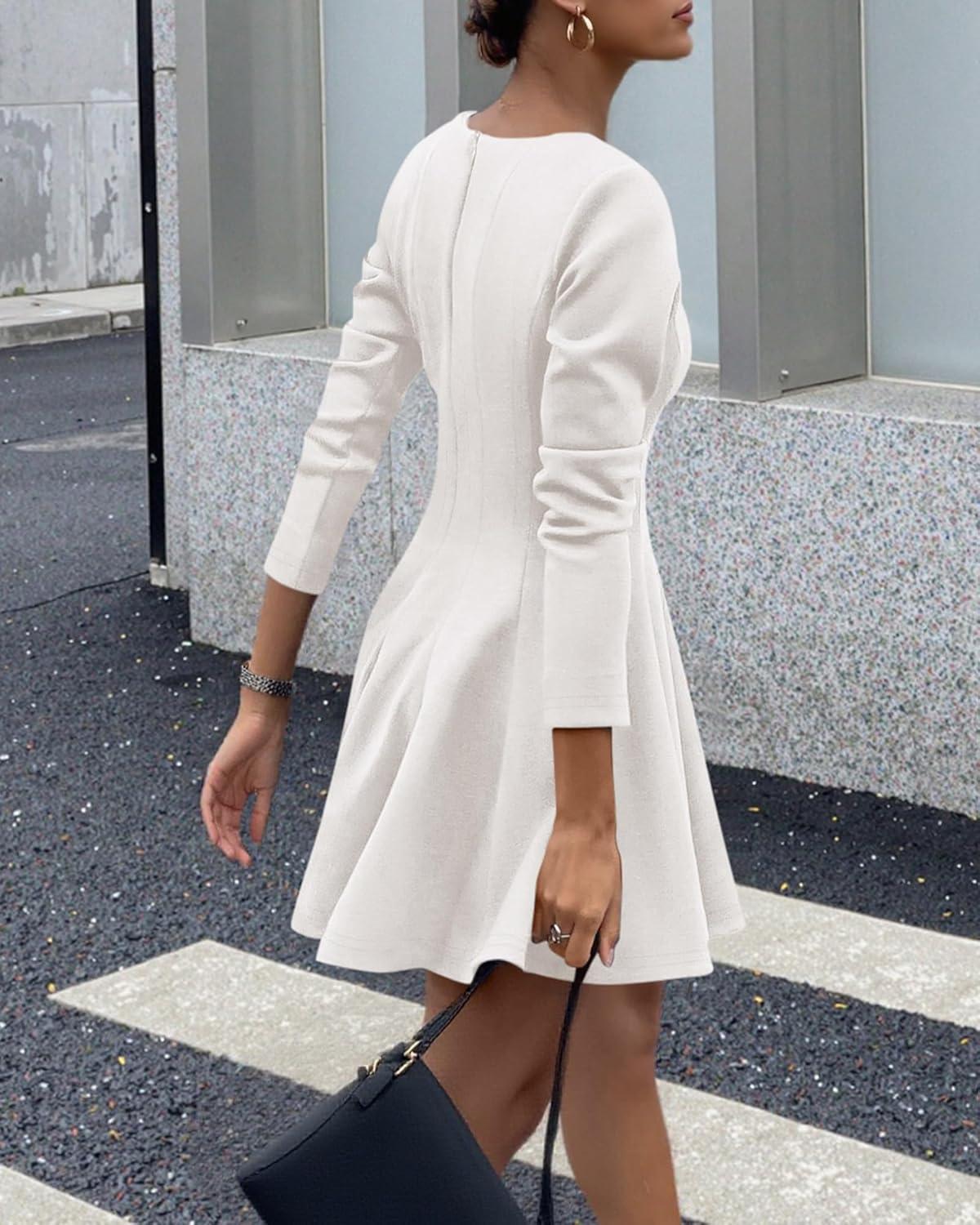 imageBTFBM Spring Dresses for Women 2026 Long Sleeve High Waist Pleated Flowy Aline Party Wedding Guest Dress Business CasualWhite