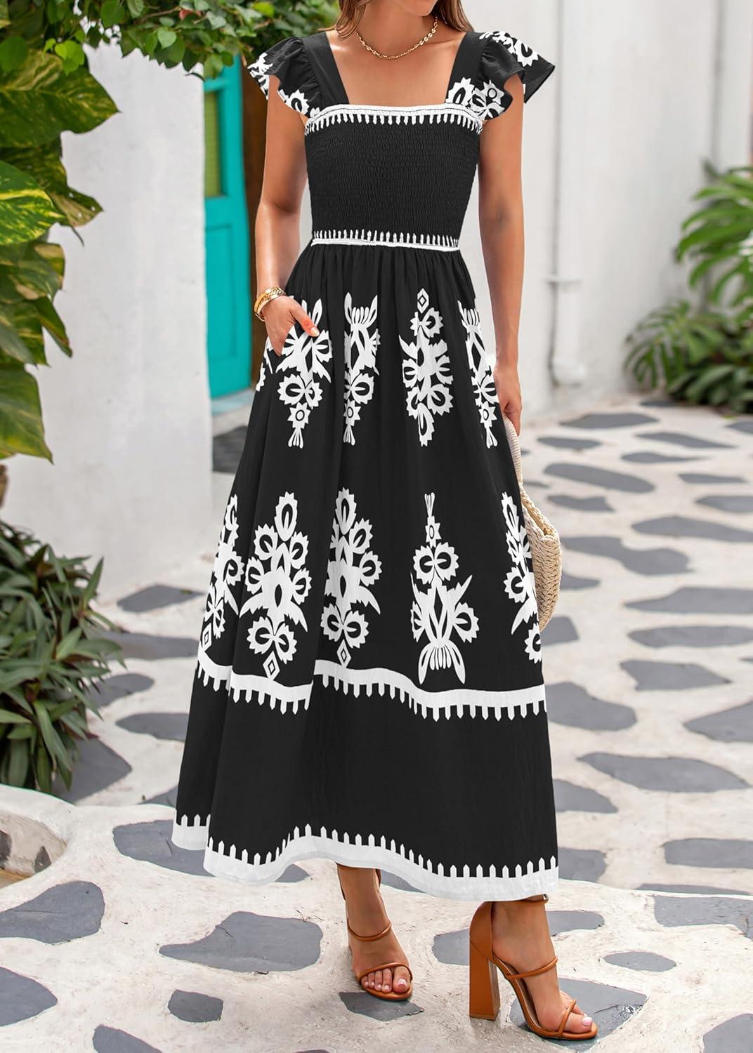 imageBTFBM Summer Dresses for Women 2026 Floral Smocked Boho Sleeveless Square Neck A Line Casual Beach Maxi Dress PocketsBlack
