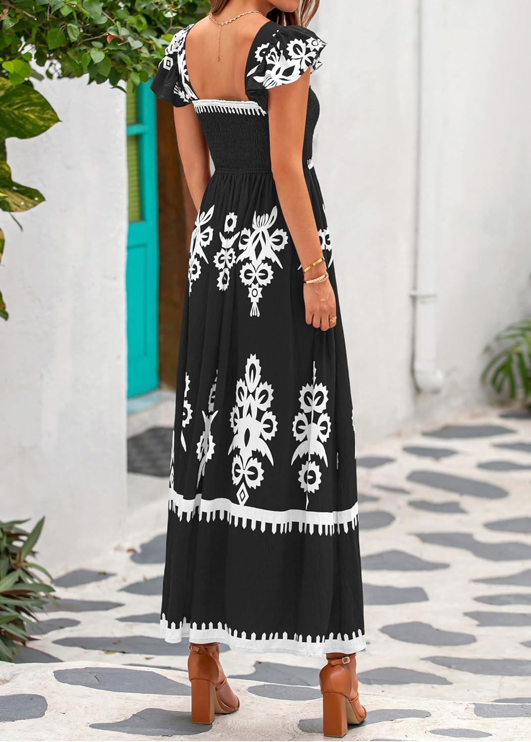 imageBTFBM Summer Dresses for Women 2026 Floral Smocked Boho Sleeveless Square Neck A Line Casual Beach Maxi Dress PocketsBlack