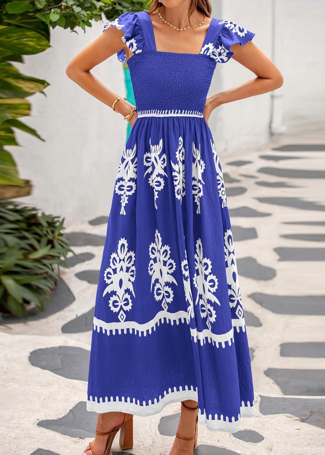 imageBTFBM Summer Dresses for Women 2026 Floral Smocked Boho Sleeveless Square Neck A Line Casual Beach Maxi Dress PocketsBlue
