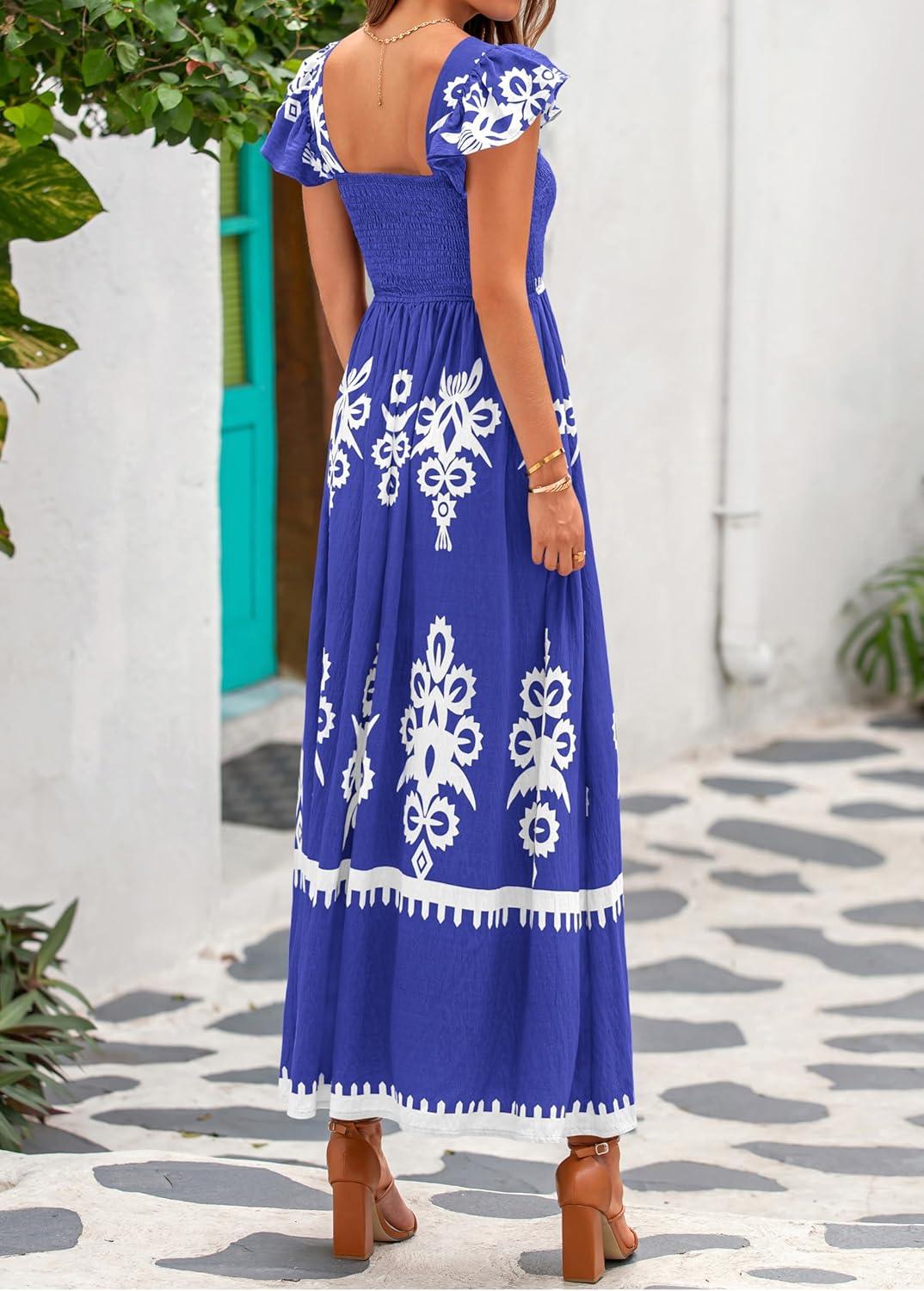 imageBTFBM Summer Dresses for Women 2026 Floral Smocked Boho Sleeveless Square Neck A Line Casual Beach Maxi Dress PocketsBlue