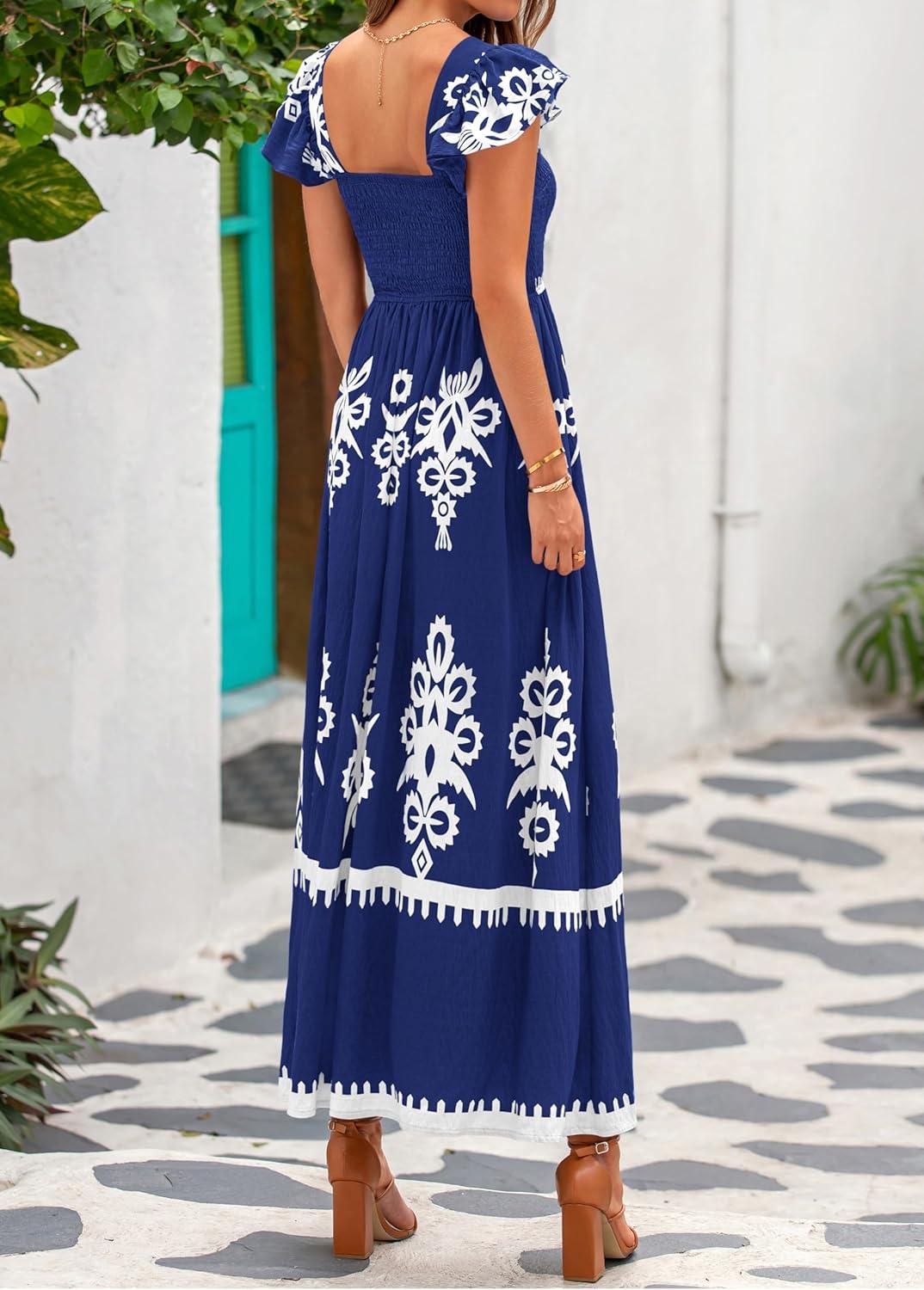 imageBTFBM Summer Dresses for Women 2026 Floral Smocked Boho Sleeveless Square Neck A Line Casual Beach Maxi Dress PocketsDark Blue