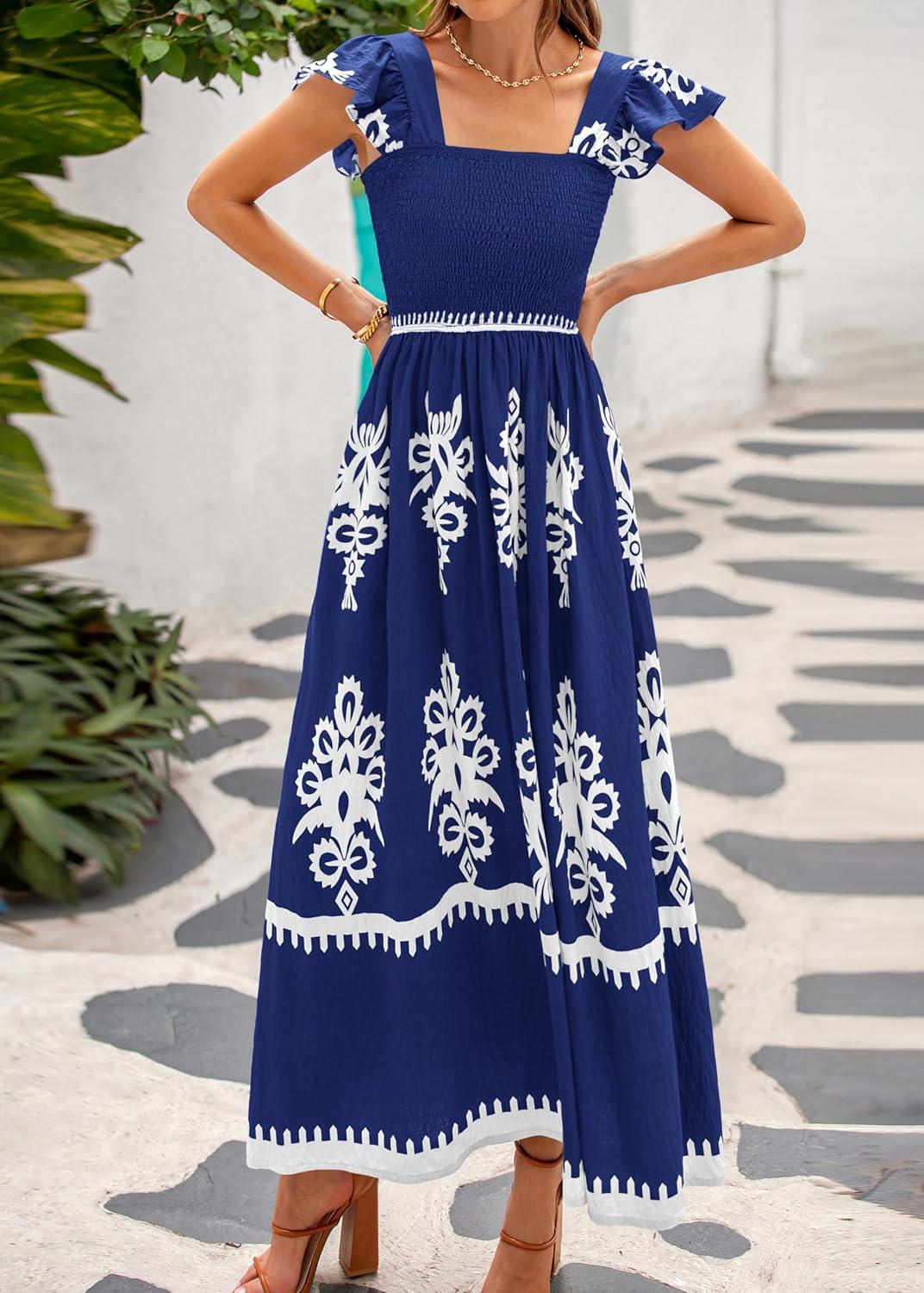 imageBTFBM Summer Dresses for Women 2026 Floral Smocked Boho Sleeveless Square Neck A Line Casual Beach Maxi Dress PocketsDark Blue