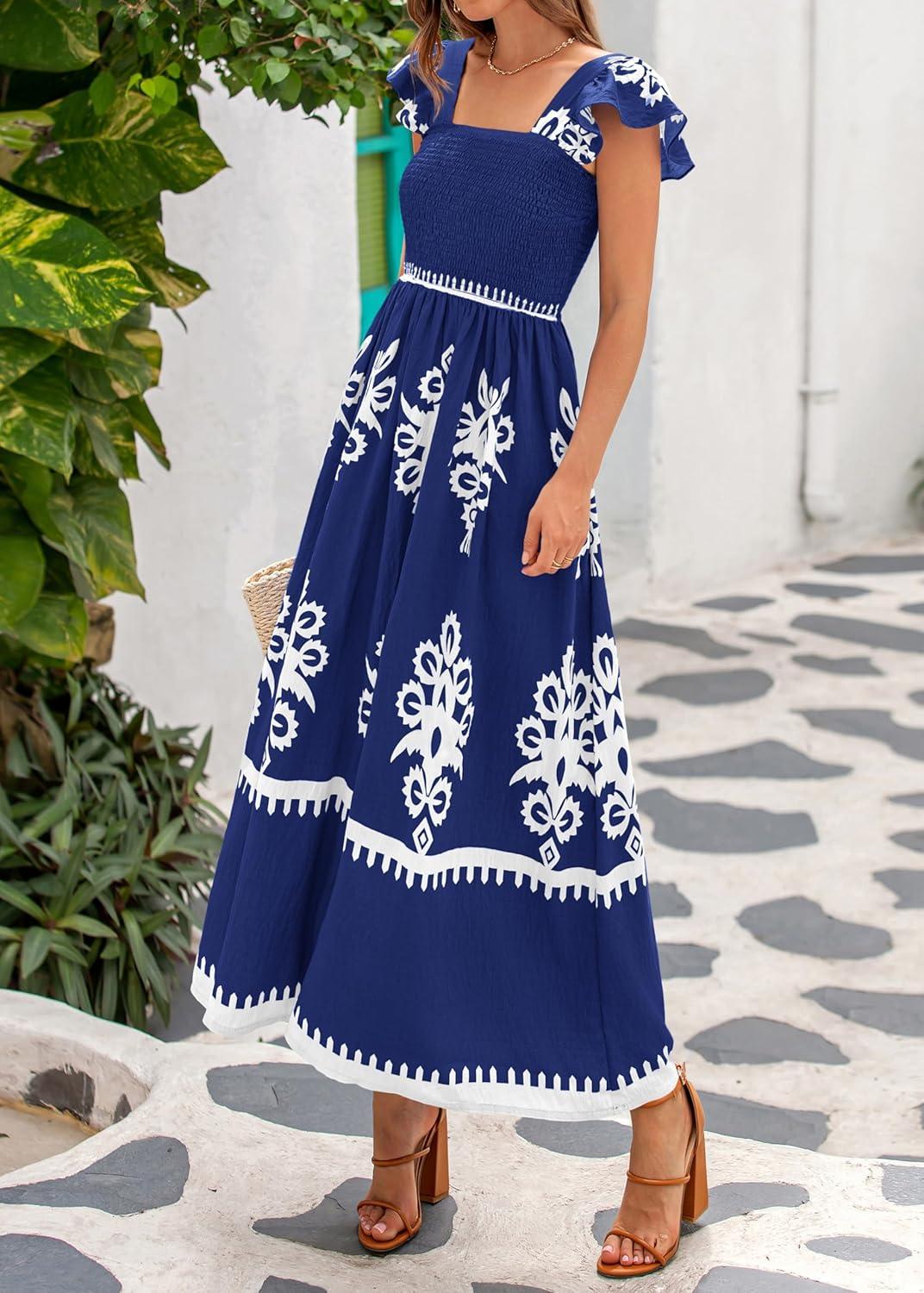 imageBTFBM Summer Dresses for Women 2026 Floral Smocked Boho Sleeveless Square Neck A Line Casual Beach Maxi Dress PocketsDark Blue