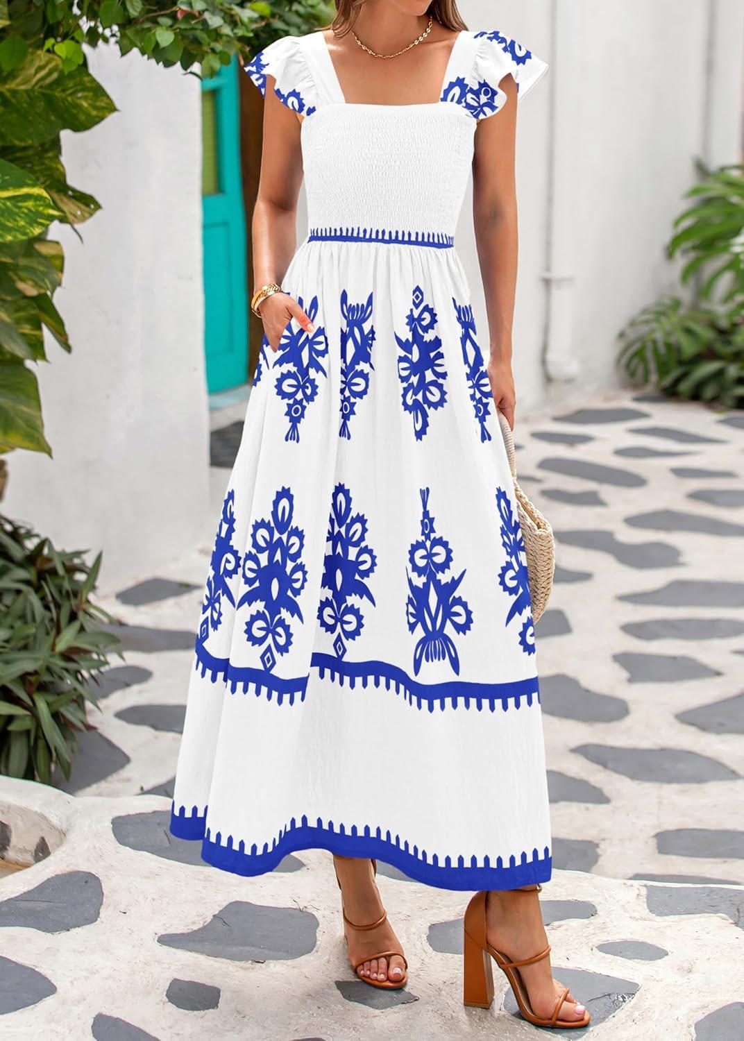 imageBTFBM Summer Dresses for Women 2026 Floral Smocked Boho Sleeveless Square Neck A Line Casual Beach Maxi Dress PocketsWhite Blue
