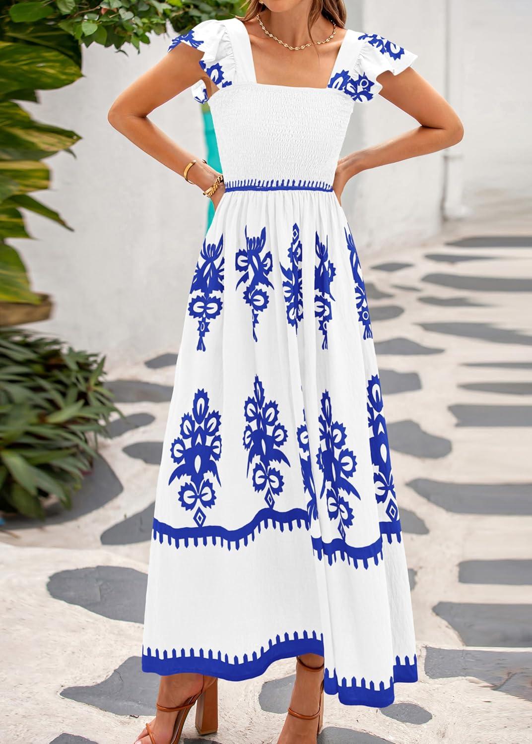 imageBTFBM Summer Dresses for Women 2026 Floral Smocked Boho Sleeveless Square Neck A Line Casual Beach Maxi Dress PocketsWhite Blue