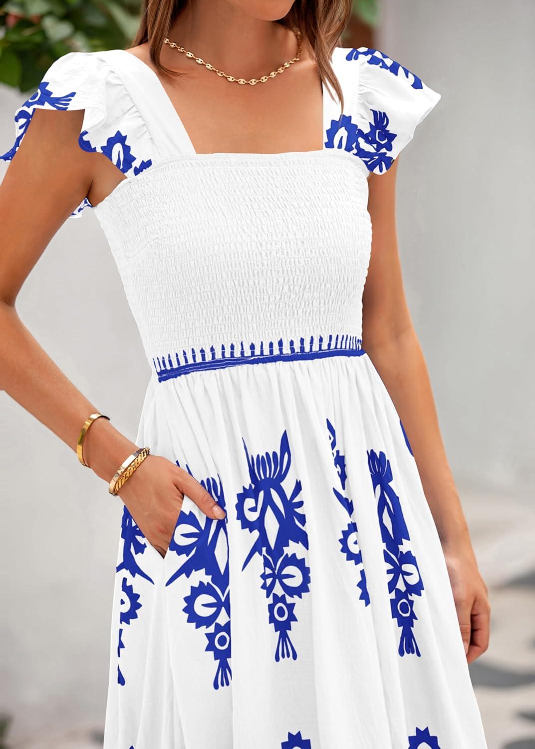 imageBTFBM Summer Dresses for Women 2026 Floral Smocked Boho Sleeveless Square Neck A Line Casual Beach Maxi Dress PocketsWhite Blue