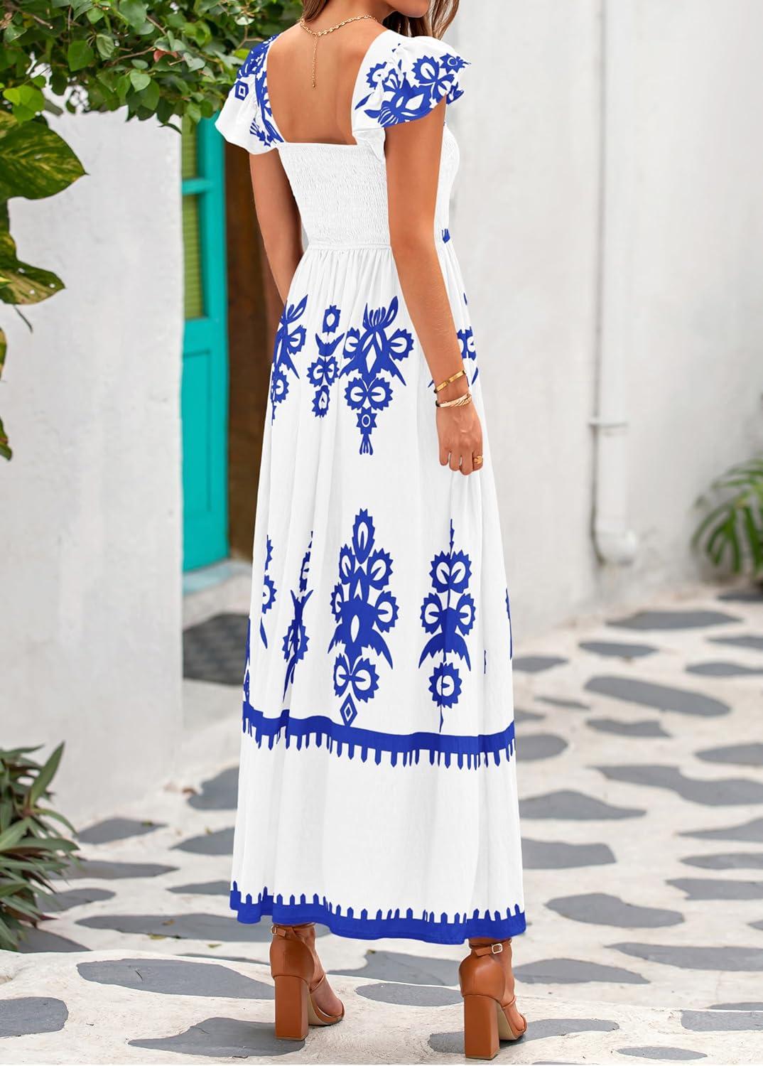 imageBTFBM Summer Dresses for Women 2026 Floral Smocked Boho Sleeveless Square Neck A Line Casual Beach Maxi Dress PocketsWhite Blue