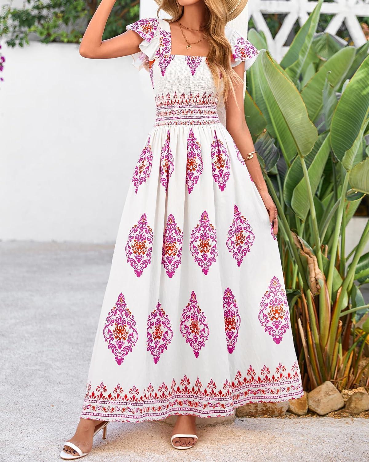 imageBTFBM Summer Dresses for Women 2026 Floral Smocked Boho Sleeveless Square Neck A Line Casual Beach Maxi Dress PocketsWhite Rose Red