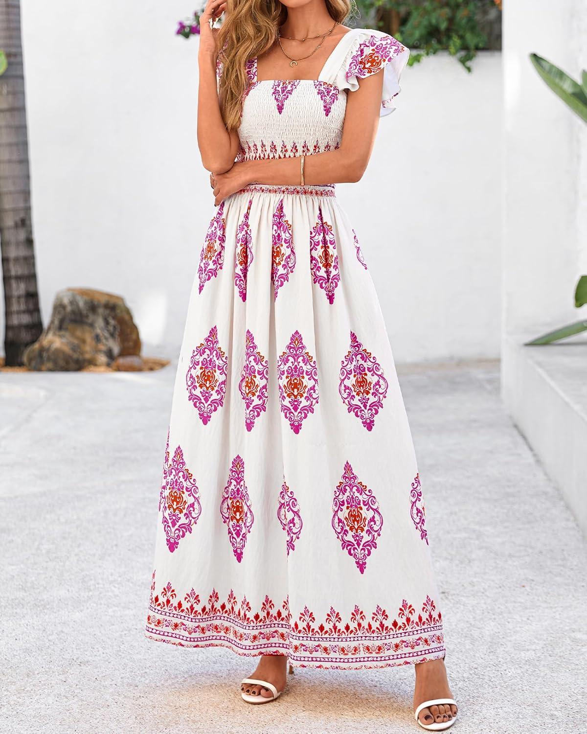 imageBTFBM Summer Dresses for Women 2026 Floral Smocked Boho Sleeveless Square Neck A Line Casual Beach Maxi Dress PocketsWhite Rose Red
