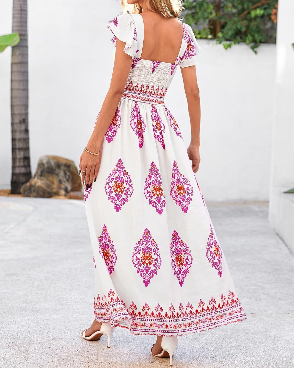imageBTFBM Summer Dresses for Women 2026 Floral Smocked Boho Sleeveless Square Neck A Line Casual Beach Maxi Dress PocketsWhite Rose Red