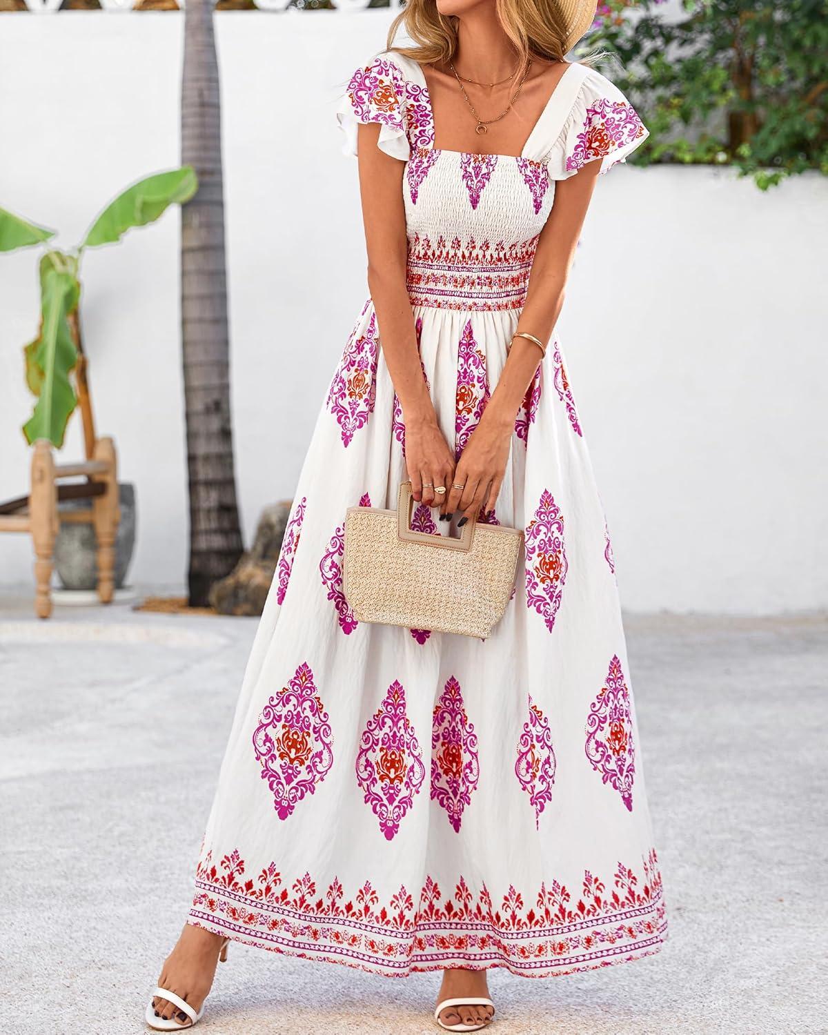 imageBTFBM Summer Dresses for Women 2026 Floral Smocked Boho Sleeveless Square Neck A Line Casual Beach Maxi Dress PocketsWhite Rose Red