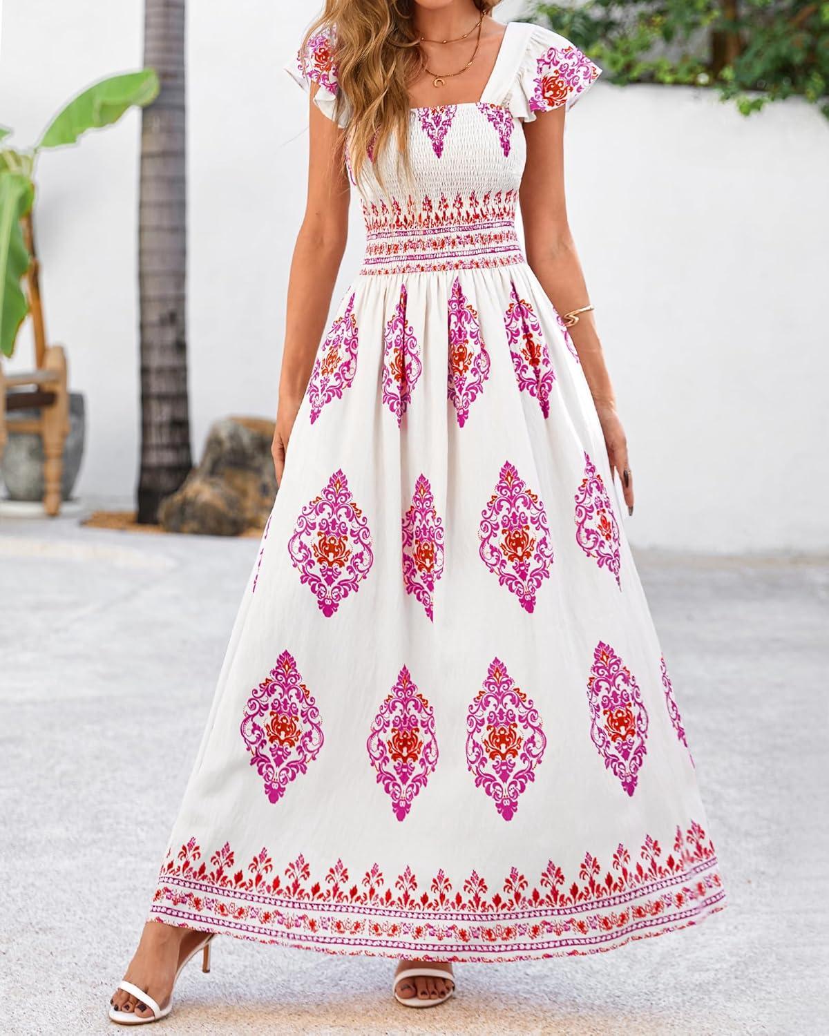 imageBTFBM Summer Dresses for Women 2026 Floral Smocked Boho Sleeveless Square Neck A Line Casual Beach Maxi Dress PocketsWhite Rose Red
