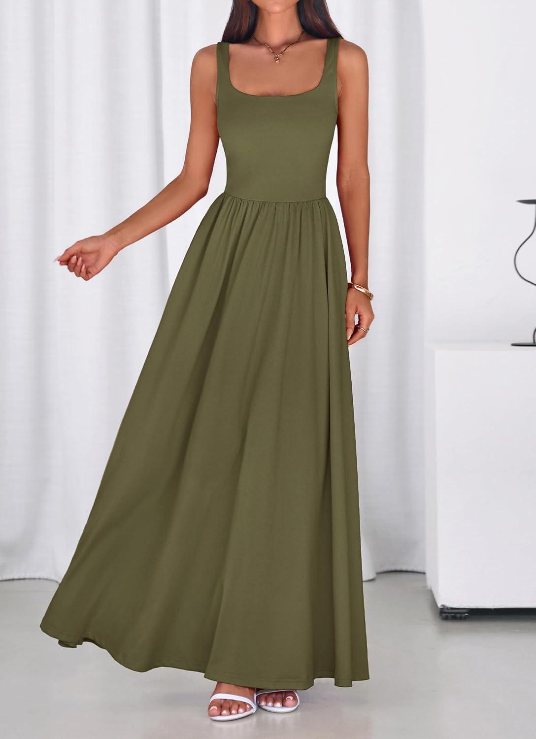 imageBTFBM Summer Dresses for Women 2026 Maxi Casual Square Neck Flowy Long Sundress Spring Wedding Guest Cocktail DressArmy Green