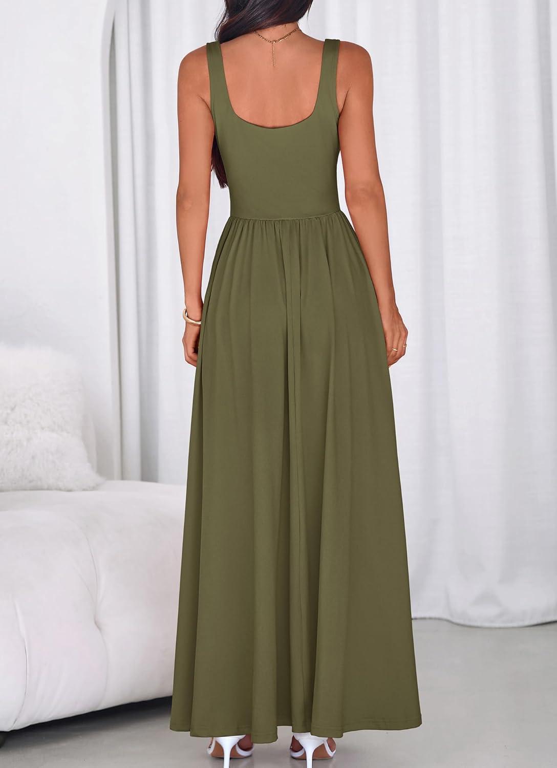 imageBTFBM Summer Dresses for Women 2026 Maxi Casual Square Neck Flowy Long Sundress Spring Wedding Guest Cocktail DressArmy Green