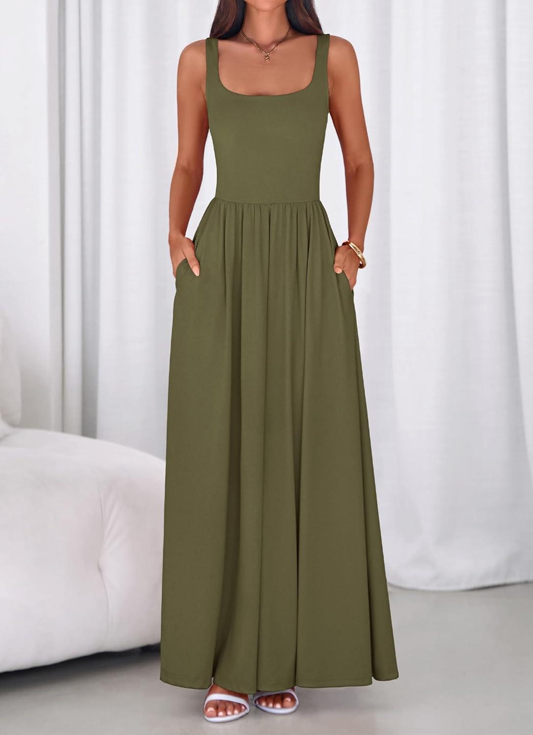 imageBTFBM Summer Dresses for Women 2026 Maxi Casual Square Neck Flowy Long Sundress Spring Wedding Guest Cocktail DressArmy Green