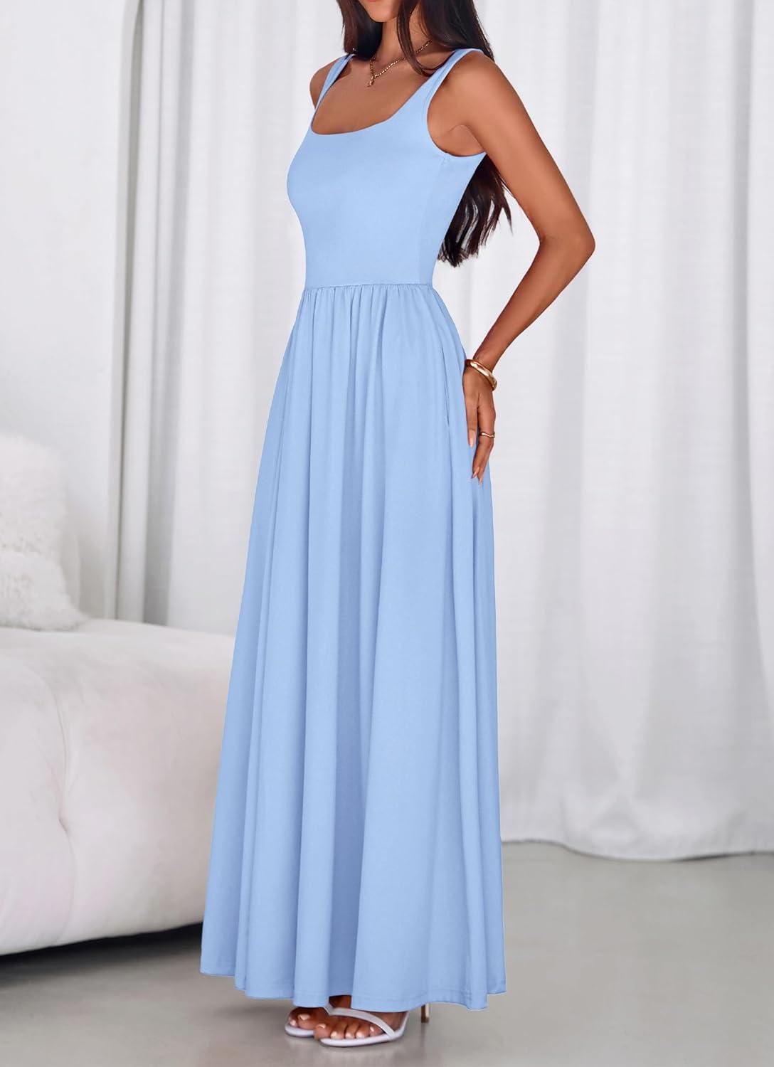imageBTFBM Summer Dresses for Women 2026 Maxi Casual Square Neck Flowy Long Sundress Spring Wedding Guest Cocktail DressLight Blue