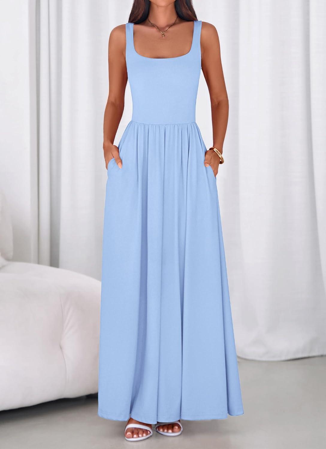 imageBTFBM Summer Dresses for Women 2026 Maxi Casual Square Neck Flowy Long Sundress Spring Wedding Guest Cocktail DressLight Blue