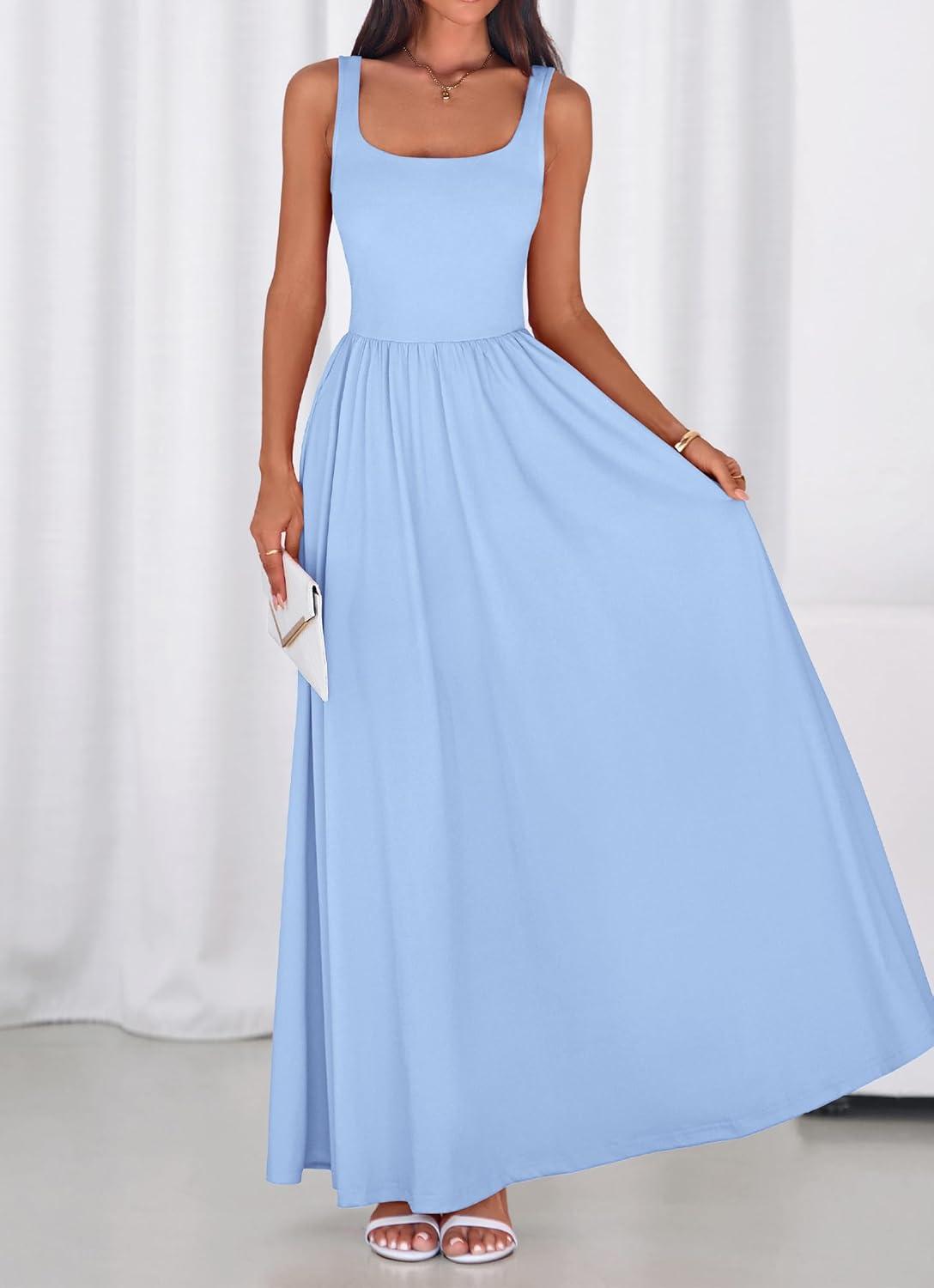 imageBTFBM Summer Dresses for Women 2026 Maxi Casual Square Neck Flowy Long Sundress Spring Wedding Guest Cocktail DressLight Blue
