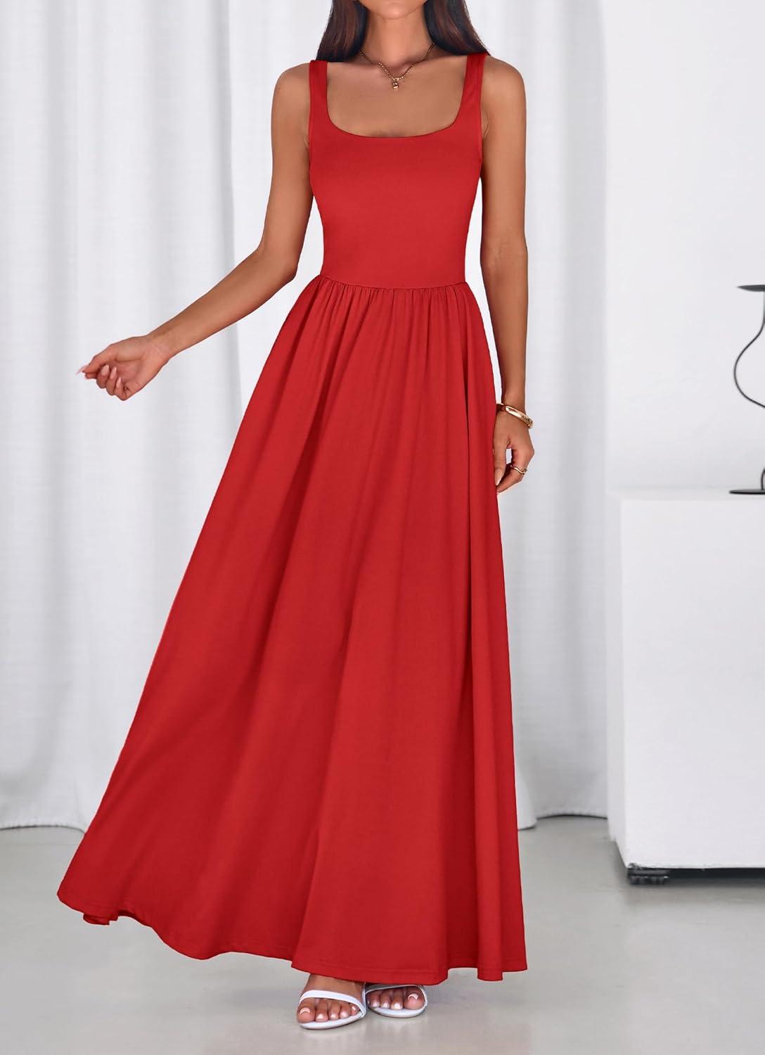 imageBTFBM Summer Dresses for Women 2026 Maxi Casual Square Neck Flowy Long Sundress Spring Wedding Guest Cocktail DressRed