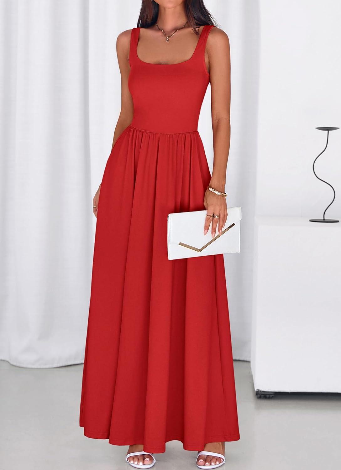 imageBTFBM Summer Dresses for Women 2026 Maxi Casual Square Neck Flowy Long Sundress Spring Wedding Guest Cocktail DressRed