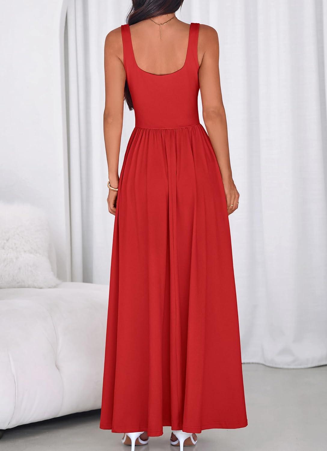 imageBTFBM Summer Dresses for Women 2026 Maxi Casual Square Neck Flowy Long Sundress Spring Wedding Guest Cocktail DressRed