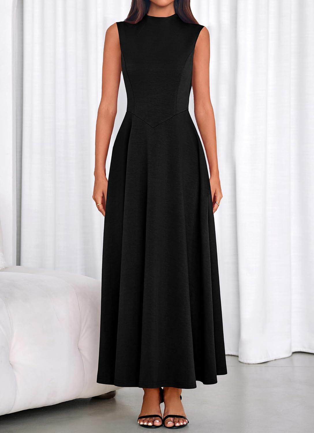 imageBTFBM Summer Dresses for Women 2026 Mock Neck Sleeveless High Waist Flowy A Line Maxi Cocktail Dress Wedding GuestBlack