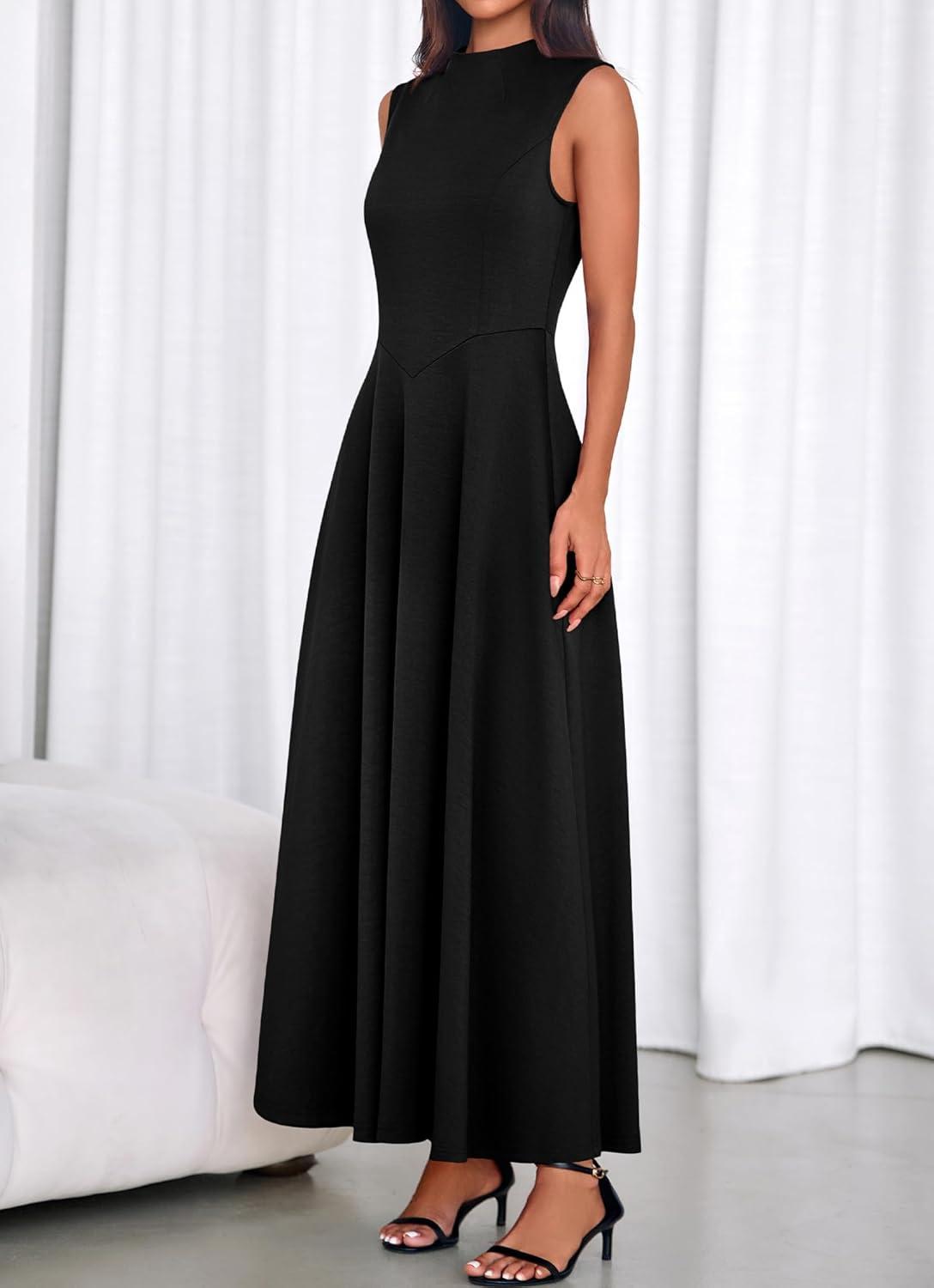 imageBTFBM Summer Dresses for Women 2026 Mock Neck Sleeveless High Waist Flowy A Line Maxi Cocktail Dress Wedding GuestBlack