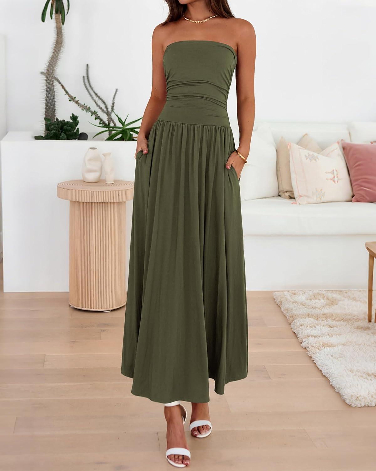 imageBTFBM Summer Maxi Dresses for Women 2026 Strapless Ruched Tube Top Beach Vacation Spring Wedding Guest Dress PocketsArmy Green