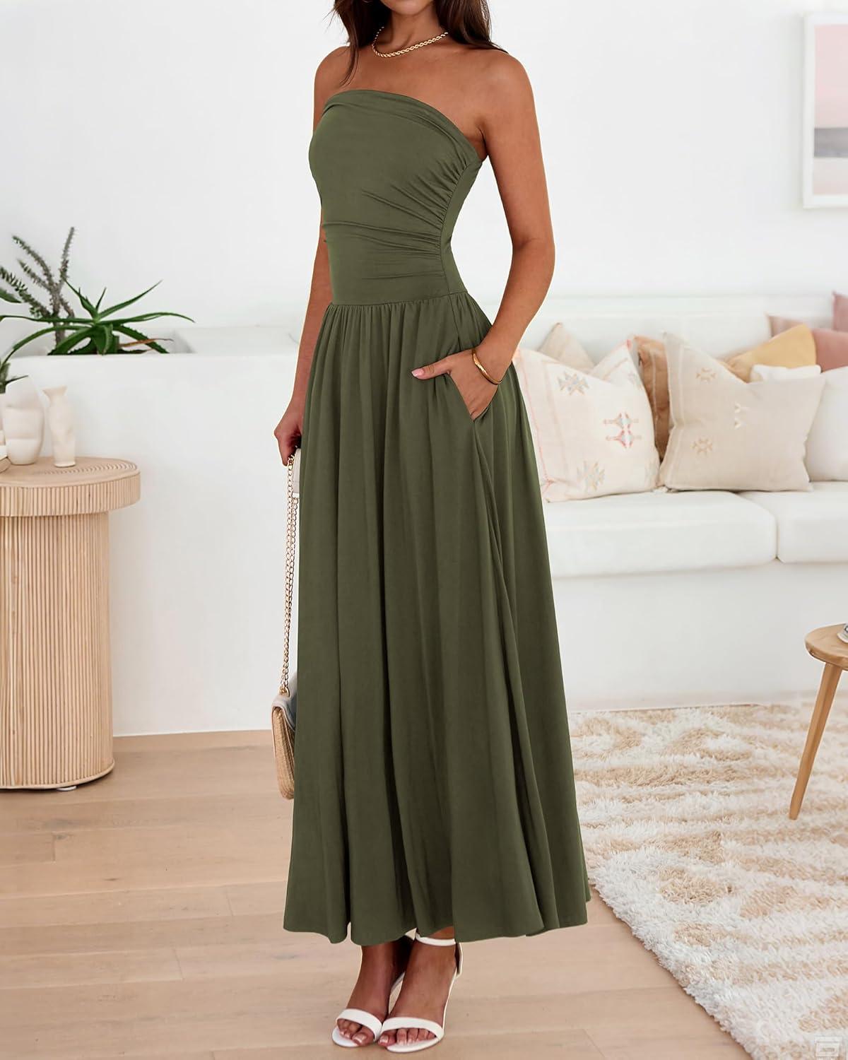 imageBTFBM Summer Maxi Dresses for Women 2026 Strapless Ruched Tube Top Beach Vacation Spring Wedding Guest Dress PocketsArmy Green