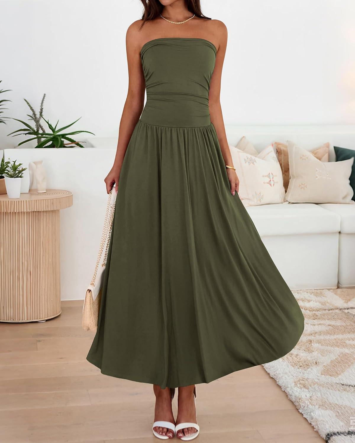 imageBTFBM Summer Maxi Dresses for Women 2026 Strapless Ruched Tube Top Beach Vacation Spring Wedding Guest Dress PocketsArmy Green