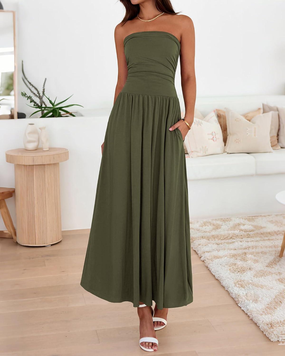 imageBTFBM Summer Maxi Dresses for Women 2026 Strapless Ruched Tube Top Beach Vacation Spring Wedding Guest Dress PocketsArmy Green
