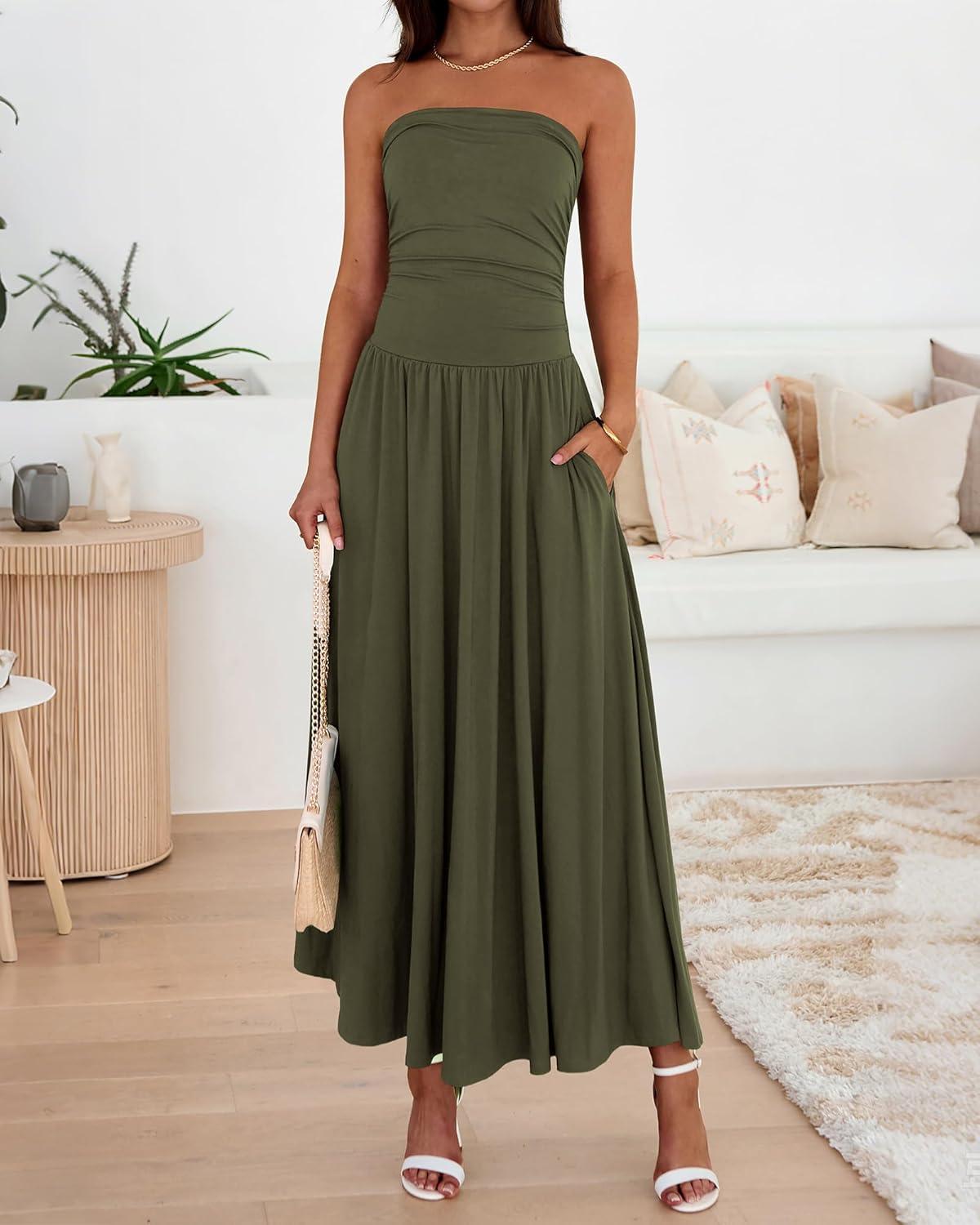 imageBTFBM Summer Maxi Dresses for Women 2026 Strapless Ruched Tube Top Beach Vacation Spring Wedding Guest Dress PocketsArmy Green