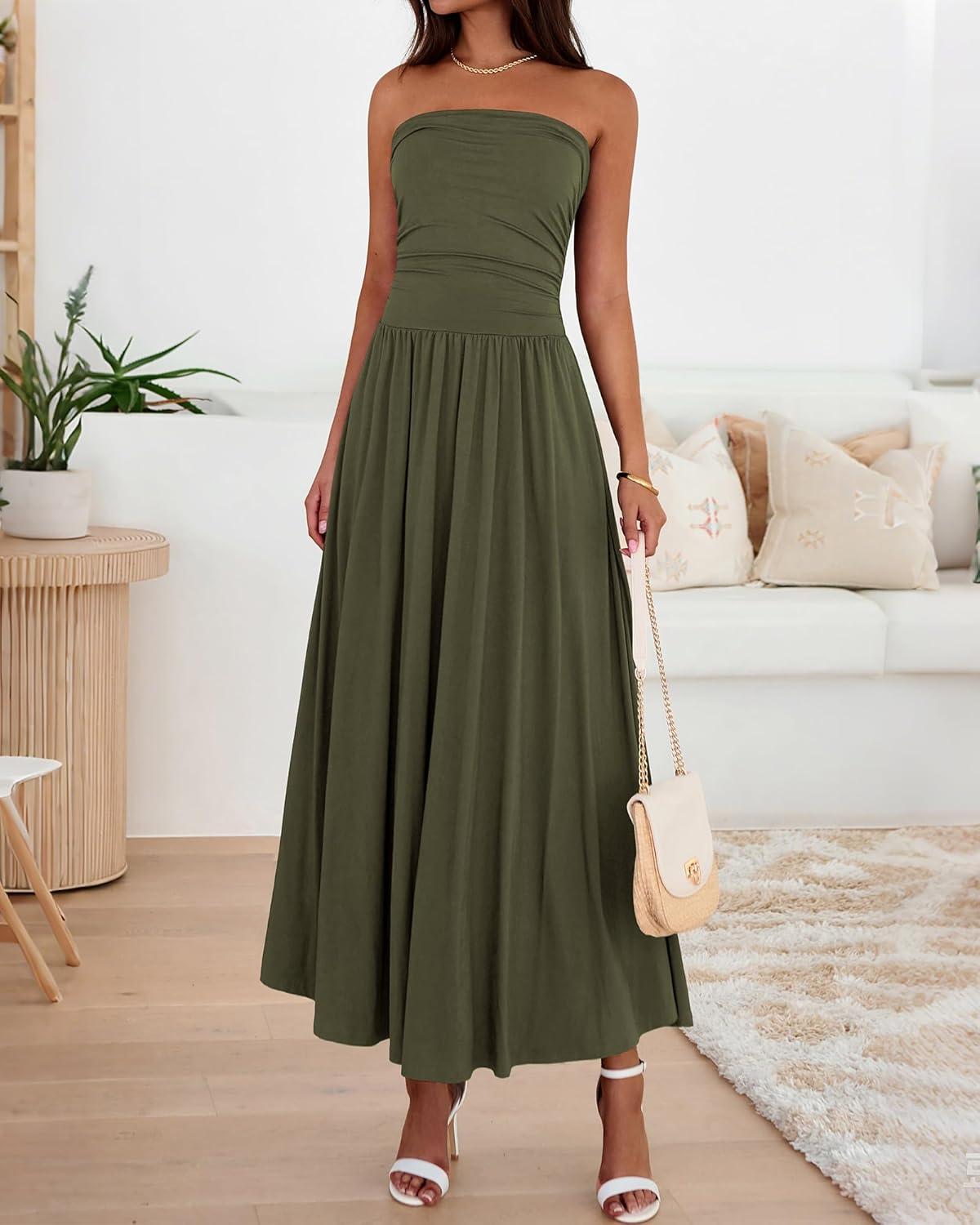 imageBTFBM Summer Maxi Dresses for Women 2026 Strapless Ruched Tube Top Beach Vacation Spring Wedding Guest Dress PocketsArmy Green