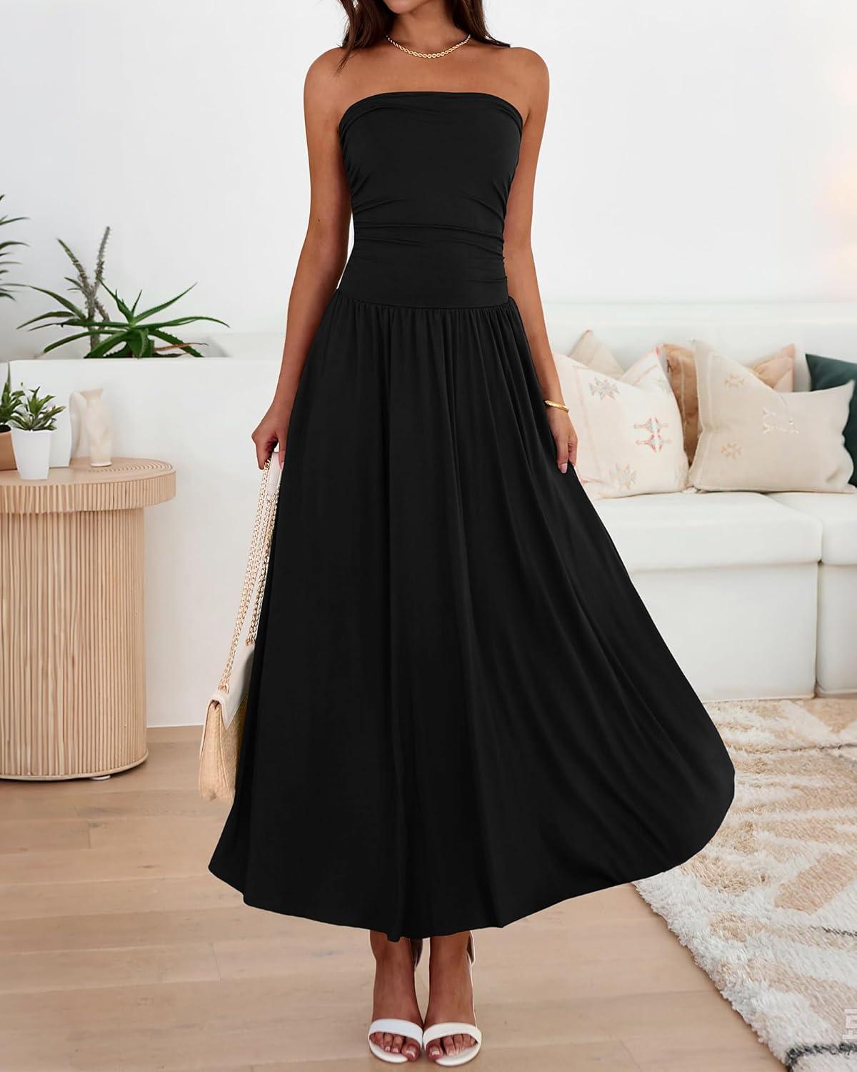 imageBTFBM Summer Maxi Dresses for Women 2026 Strapless Ruched Tube Top Beach Vacation Spring Wedding Guest Dress PocketsBlack