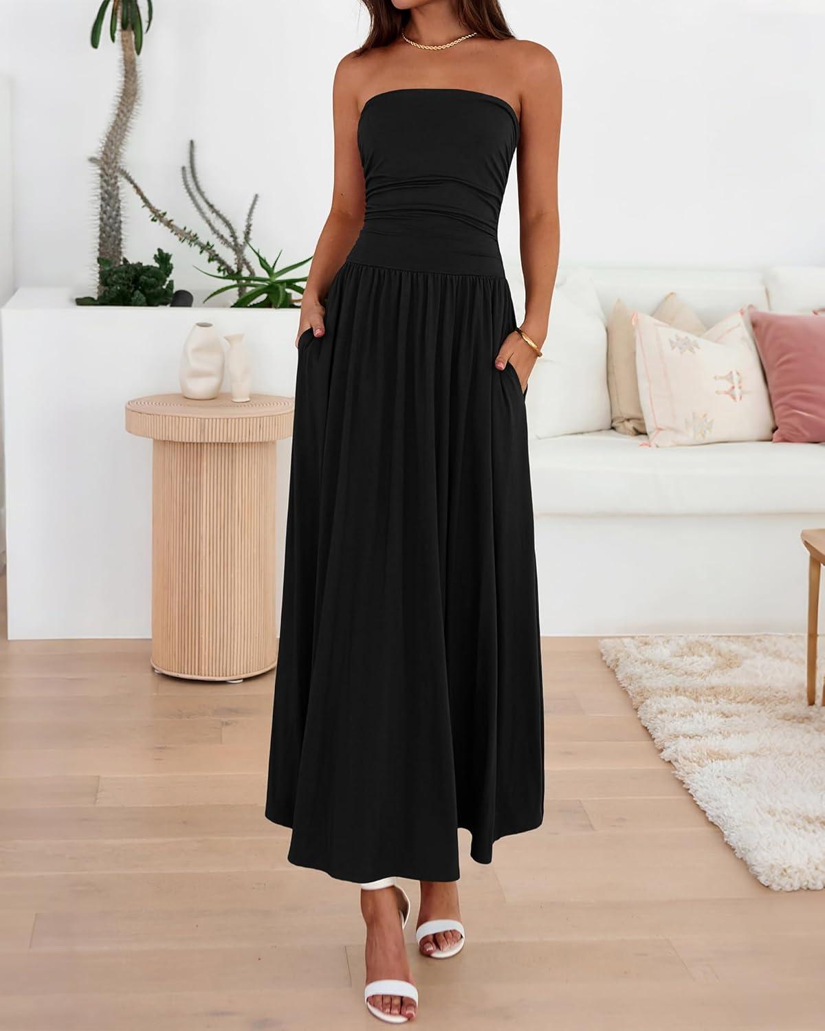 imageBTFBM Summer Maxi Dresses for Women 2026 Strapless Ruched Tube Top Beach Vacation Spring Wedding Guest Dress PocketsBlack