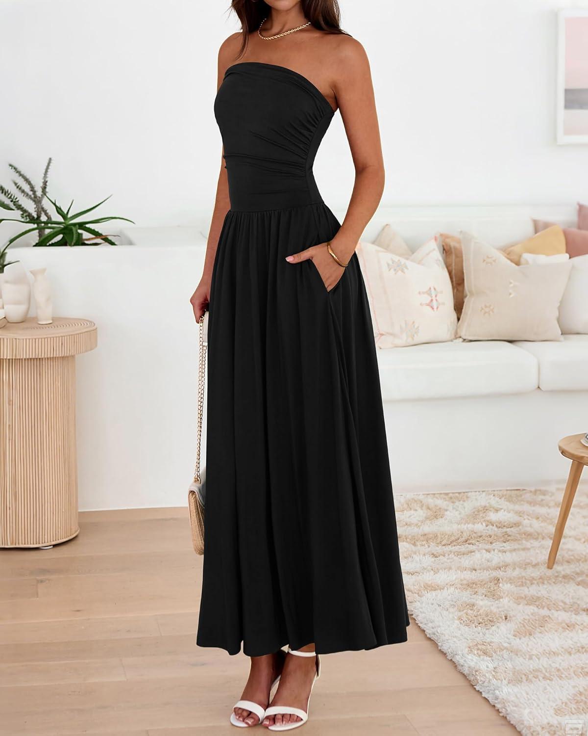 imageBTFBM Summer Maxi Dresses for Women 2026 Strapless Ruched Tube Top Beach Vacation Spring Wedding Guest Dress PocketsBlack