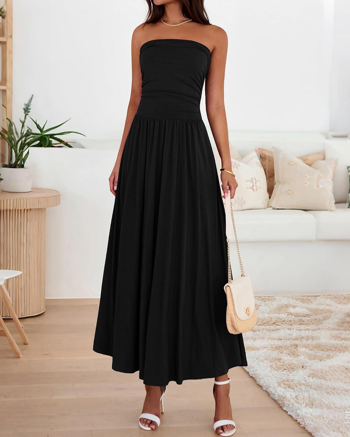 imageBTFBM Summer Maxi Dresses for Women 2026 Strapless Ruched Tube Top Beach Vacation Spring Wedding Guest Dress PocketsBlack