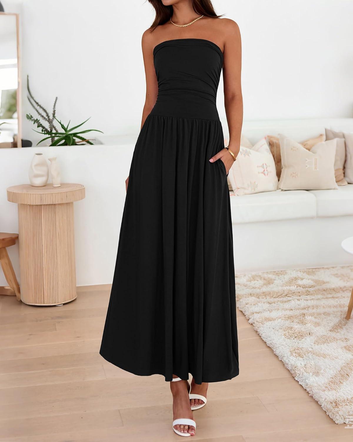 imageBTFBM Summer Maxi Dresses for Women 2026 Strapless Ruched Tube Top Beach Vacation Spring Wedding Guest Dress PocketsBlack