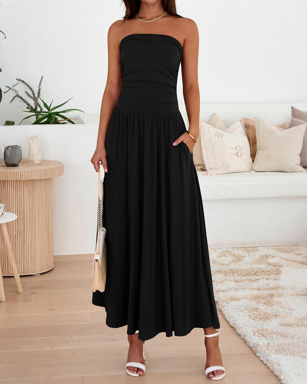 imageBTFBM Summer Maxi Dresses for Women 2026 Strapless Ruched Tube Top Beach Vacation Spring Wedding Guest Dress PocketsBlack