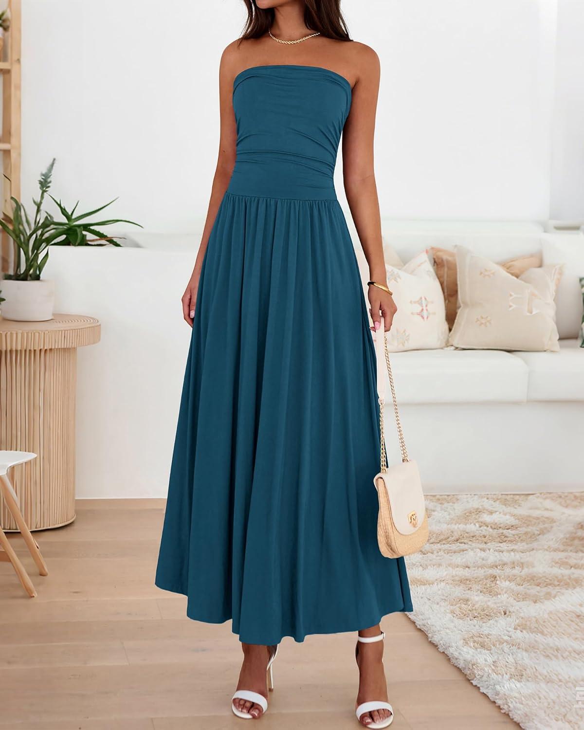 imageBTFBM Summer Maxi Dresses for Women 2026 Strapless Ruched Tube Top Beach Vacation Spring Wedding Guest Dress PocketsDark Blue